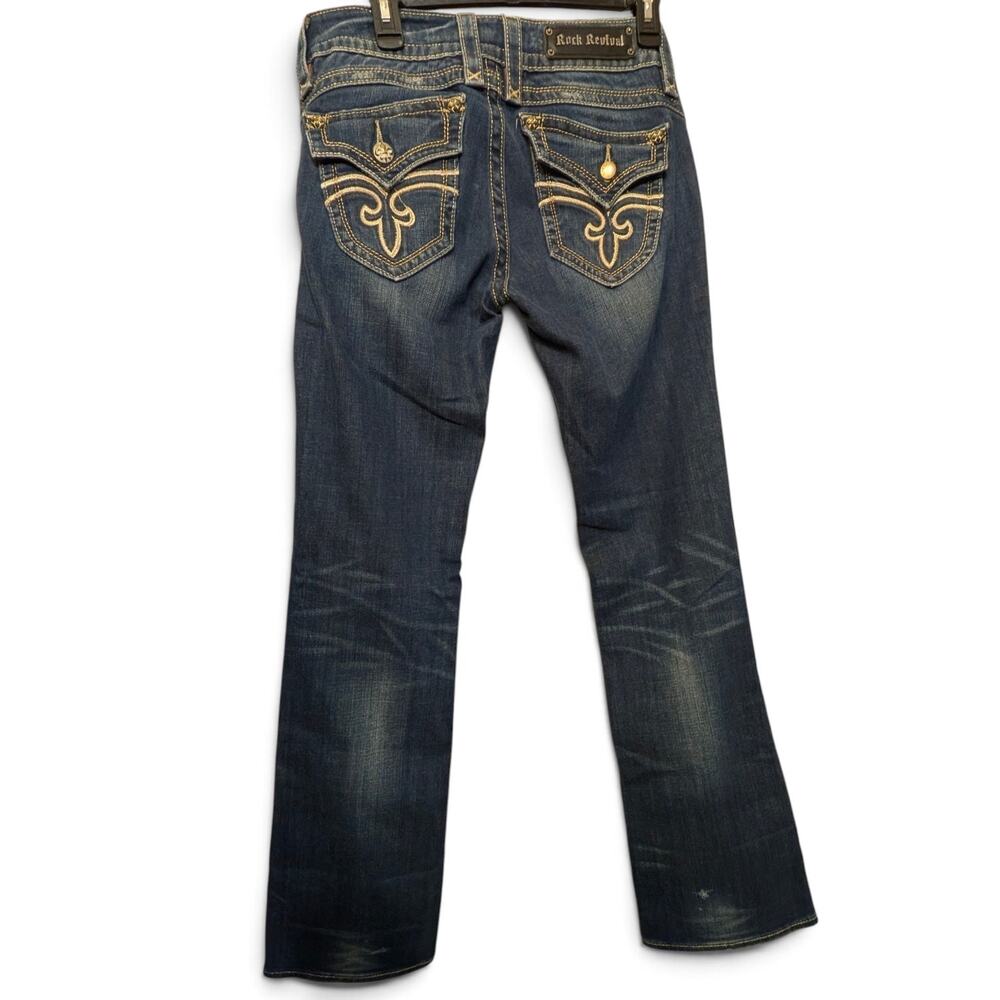 ROCK REVIVAL Gwen Bootcut Jeans Women's 31 Gold Stitch Fleur-de-Lis Pocket Y2K